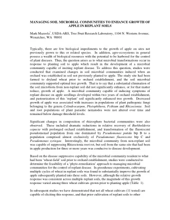 MANAGING SOIL MICROBIAL COMMUNITIES TO ENHANCE GROWTH OF  APPLE IN REPLANT SOILS Mark Mazzola * ,