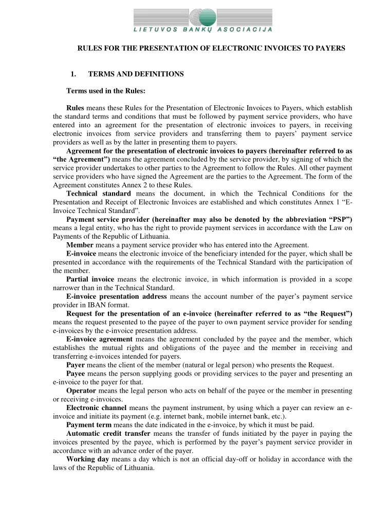 rules for the presentation of electronic invoices to