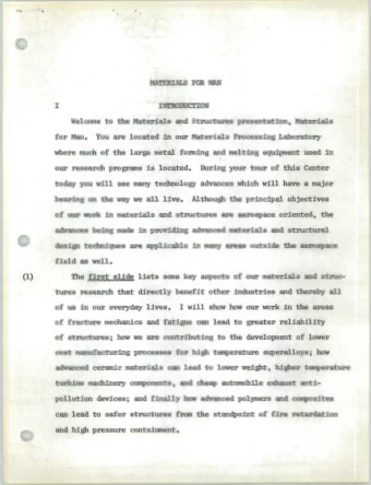 -.  .. MATERIALS FOR MAN  INTRODUCTION  I Welcome to the Materials and Structures presentation,