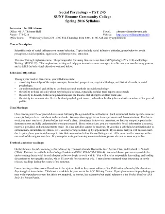 Social Psychology  PSY 245  SUNY Broome Community College  Spring 2016 Syllabus  Instructor: