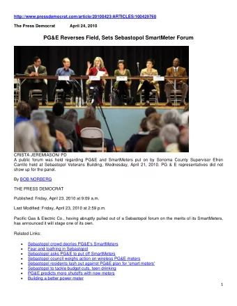 PG&amp;E Reverses Field, Sets Sebastopol SmartMeter Forum  CRISTA JEREMIASON/ PD  A public forum