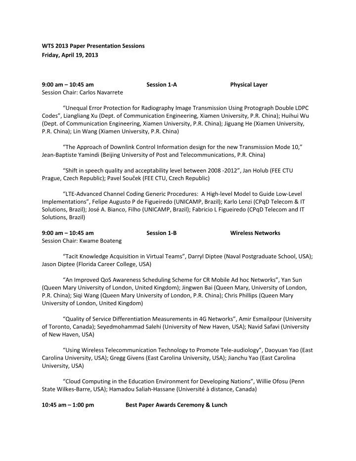 wts 2013 paper presentation sessions friday april 19 2013