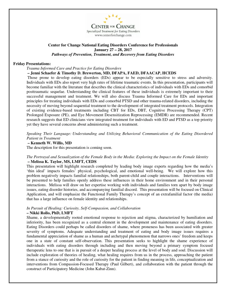 center for change national eating disorders conference