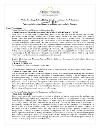 Center for Change National Eating Disorders Conference for Professionals  January 27  28, 2017
