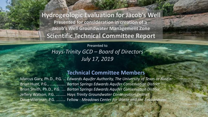 hydrogeologic evaluation for jacob s well