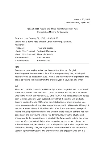 January 30, 2019 Canon Marketing Japan Inc. Q&amp;A at 2018 Results and Three-Year Management Plan