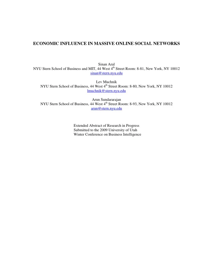 economic influence in massive online social networks