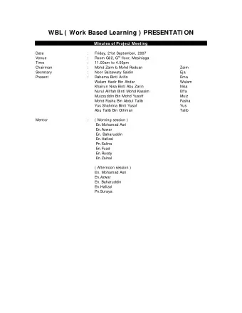 WBL ( Work Based Learning ) PRESENTATI ON  Minutes of Project Meeting  Date  :  Friday, 21st
