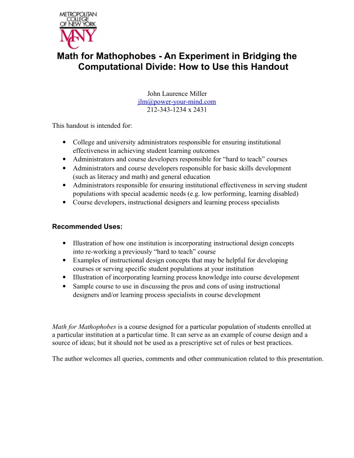 math for mathophobes an experiment in bridging the