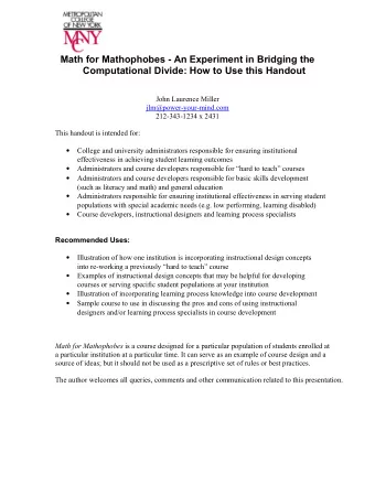 Math for Mathophobes - An Experiment in Bridging the  Computational Divide: How to Use this Handout