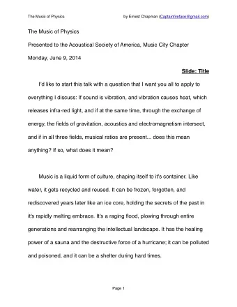 The Music of Physics  Presented to the Acoustical Society of America, Music City Chapter  Monday,