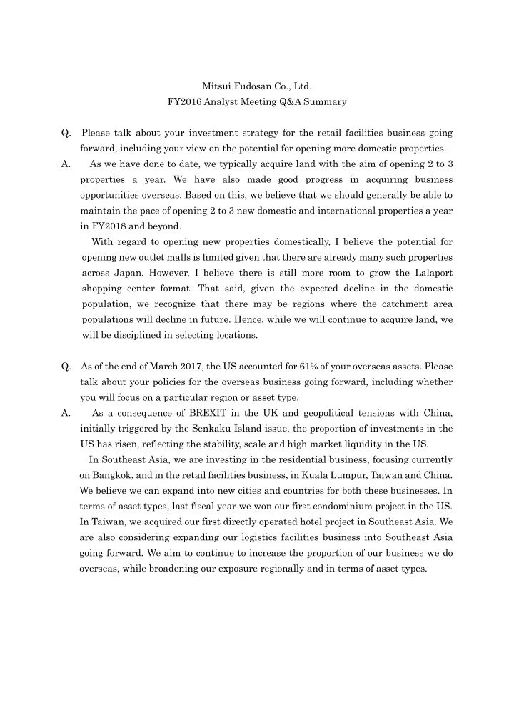 mitsui fudosan co ltd fy2016 analyst meeting q a summary