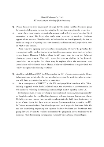 Mitsui Fudosan Co., Ltd.  FY2016 Analyst Meeting Q&amp;A Summary  Q.  Please talk about your