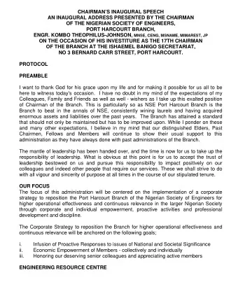 CHAIRMANS INAUGURAL SPEECH  AN INAUGURAL ADDRESS PRESENTED BY THE CHAIRMAN  OF THE NIGERIAN