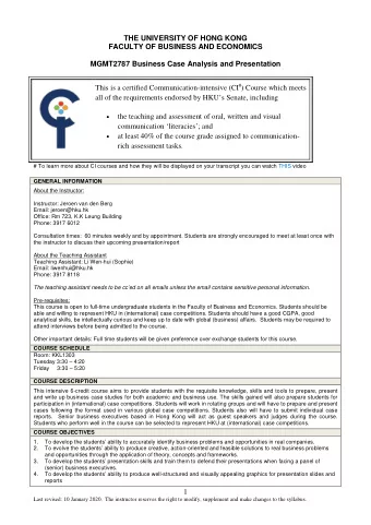 THE UNIVERSITY OF HONG KONG  FACULTY OF BUSINESS AND ECONOMICS  MGMT2787 Business Case Analysis and