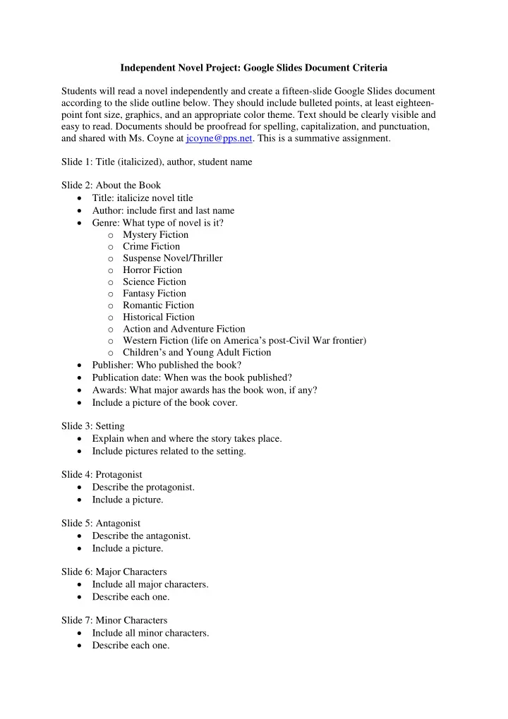 independent novel project google slides document criteria