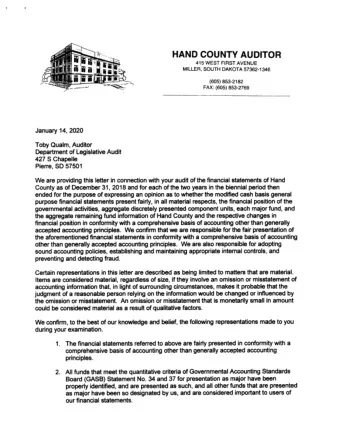 HAND COUNTY AUDITOR  415 WEST FIRST AVENUE  MILLER, SOUTH DAKOTA 57362.1346 (605) 853-2182  FAX;