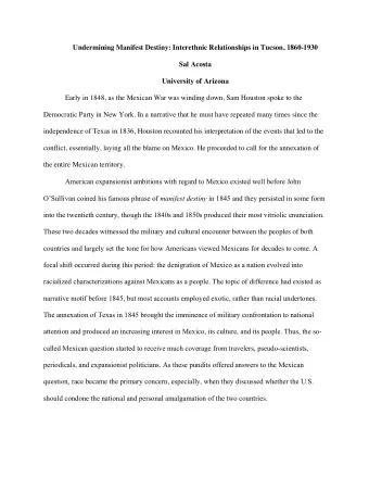 Undermining Manifest Destiny: Interethnic Relationships in Tucson, 1860-1930  Sal Acosta