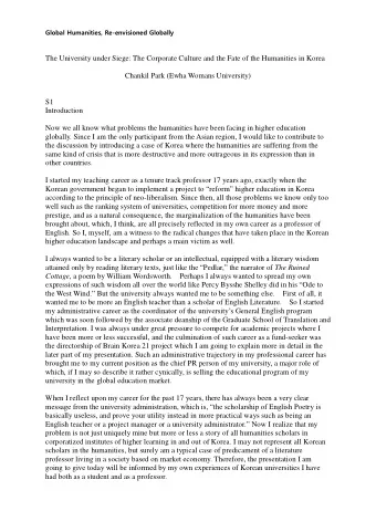 The University under Siege: The Corporate Culture and the Fate of the Humanities in Korea  Chankil