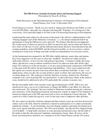 The FfD Process, Systemic Economic Issues and Staying Engaged  Presentation by Oscar R. de Rojas