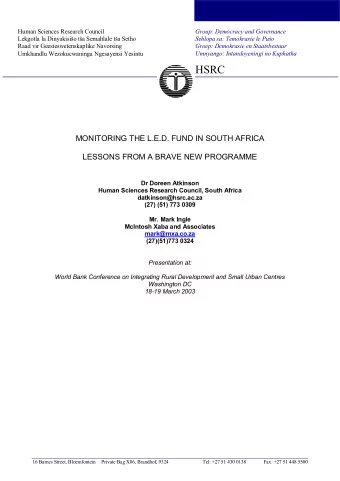 HSRC  MONITORING THE L.E.D. FUND IN SOUTH AFRICA  LESSONS FROM A BRAVE NEW PROGRAMME  Dr Doreen