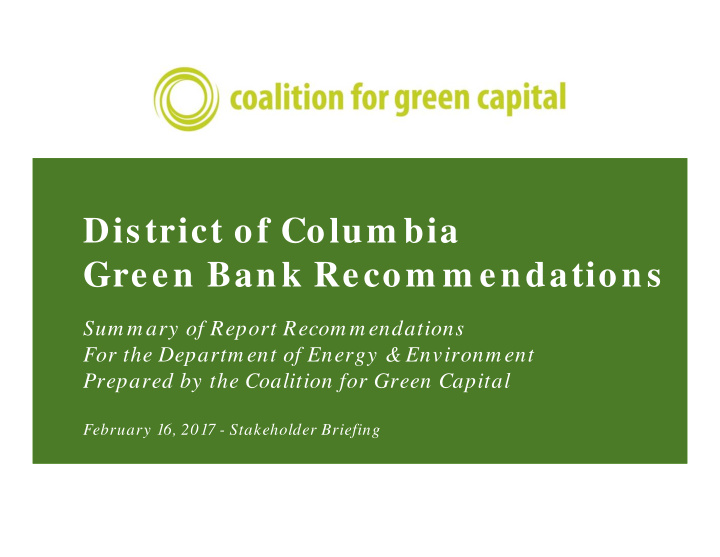 district of colum bia green bank recom m endations