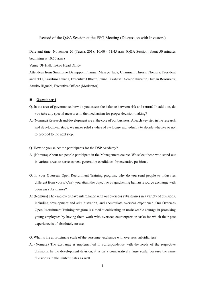 record of the q a session at the esg meeting discussion