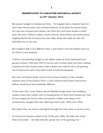 1  PRESENTATION TO VANCOUVER HISTORICAL SOCIETY on 26 th January, 2012  My subject tonight is