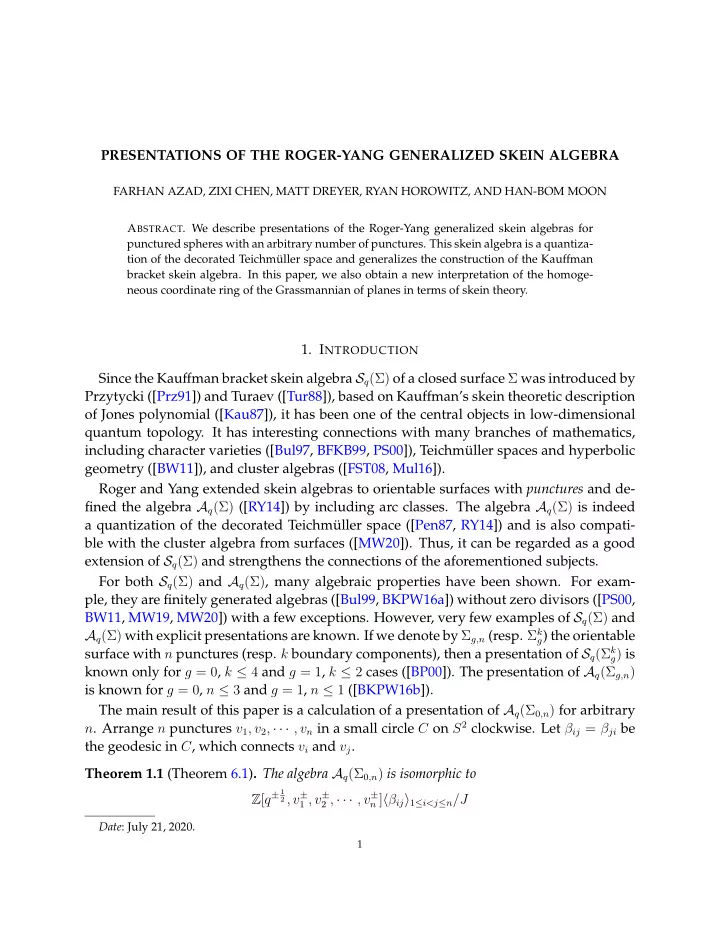 presentations of the roger yang generalized skein algebra