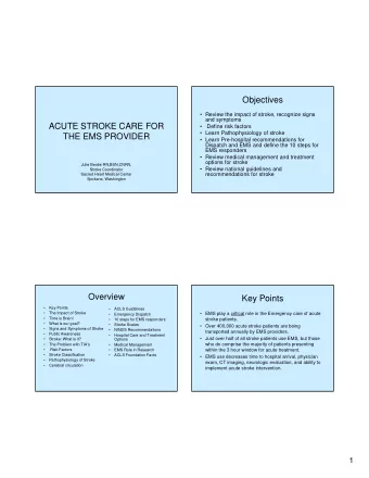 Objectives   Review the impact of stroke, recognize signs  and symptoms  ACUTE STROKE CARE FOR
