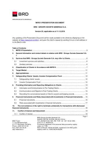 MiFID II PRESENTATION DOCUMENT  BRD - GROUPE SOCIETE GENERALE S.A.  Version 03, applicable as of