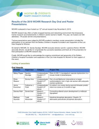 Results of the 2019 WCHRI Research Day Oral and Poster  Presentations WCHRI is pleased to have