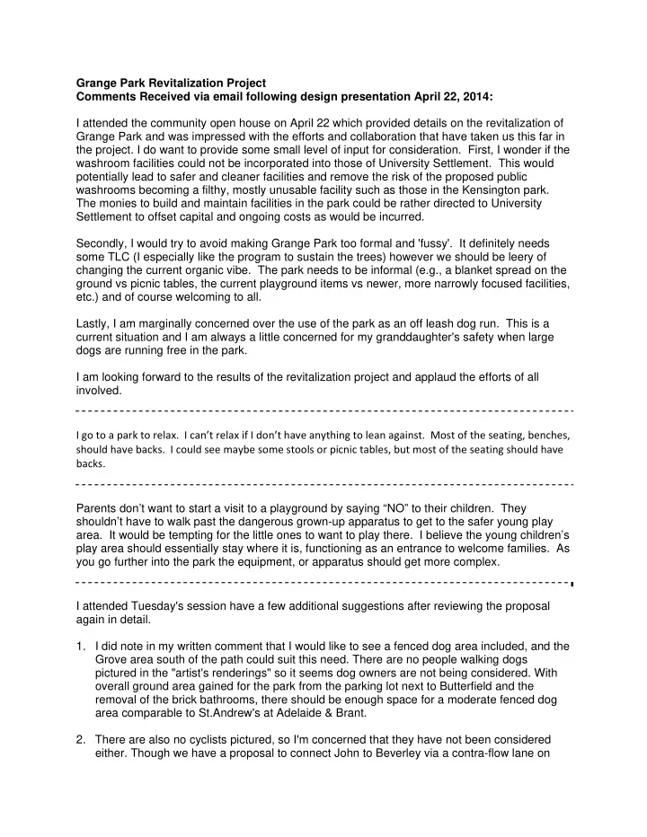 grange park revitalization project comments received via