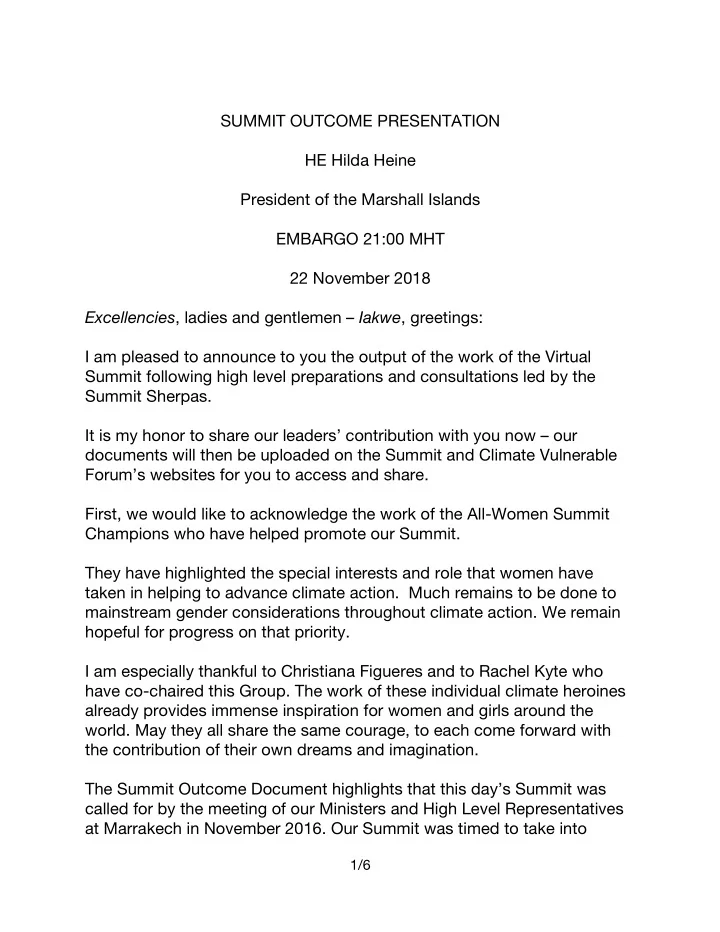 summit outcome presentation he hilda heine president of