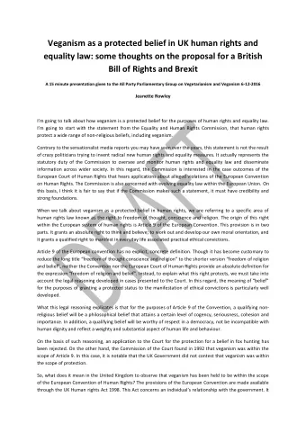 Veganism as a protected belief in UK human rights and  equality law: some thoughts on the proposal
