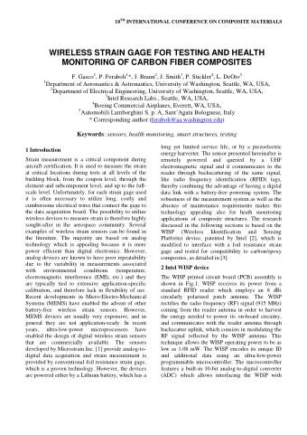 WIRELESS STRAIN GAGE FOR TESTING AND HEALTH  MONITORING OF CARBON FIBER COMPOSITES F. Gasco 1 , P.