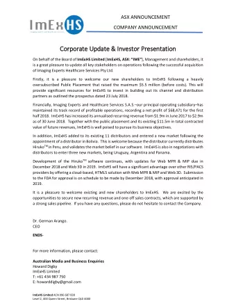 Cor  Corpora  orate Up  Update &amp;  &amp; Invest  estor Presen esentation On behalf of the Board