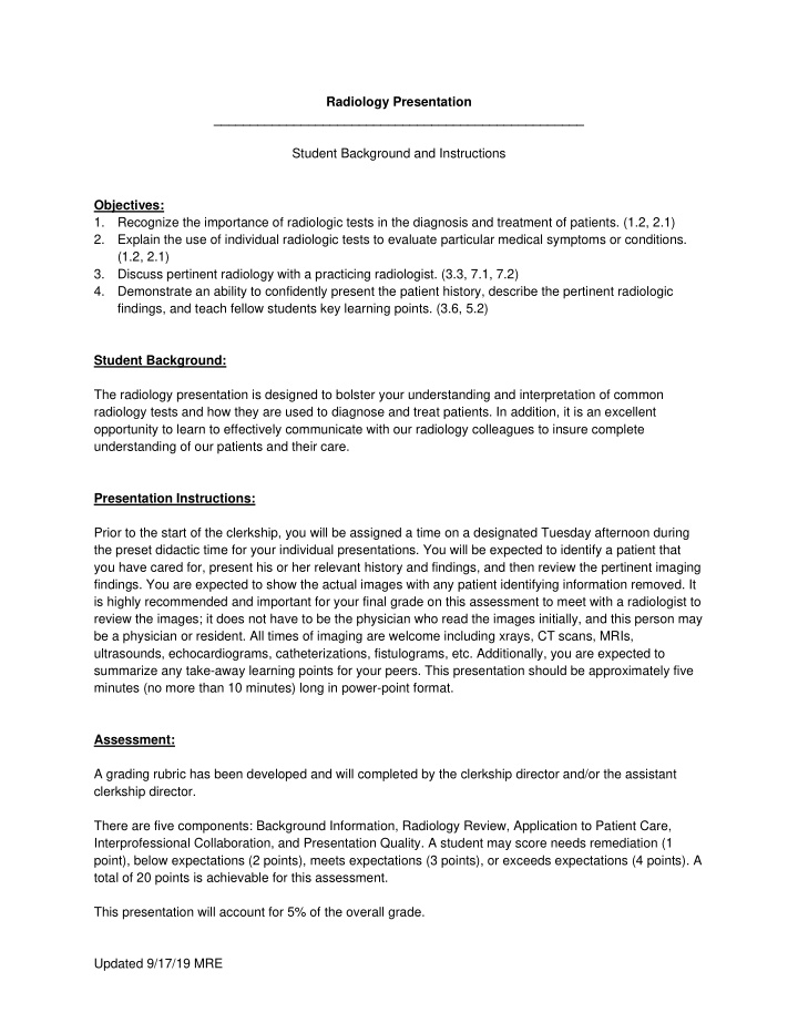 radiology presentation student background and instructions