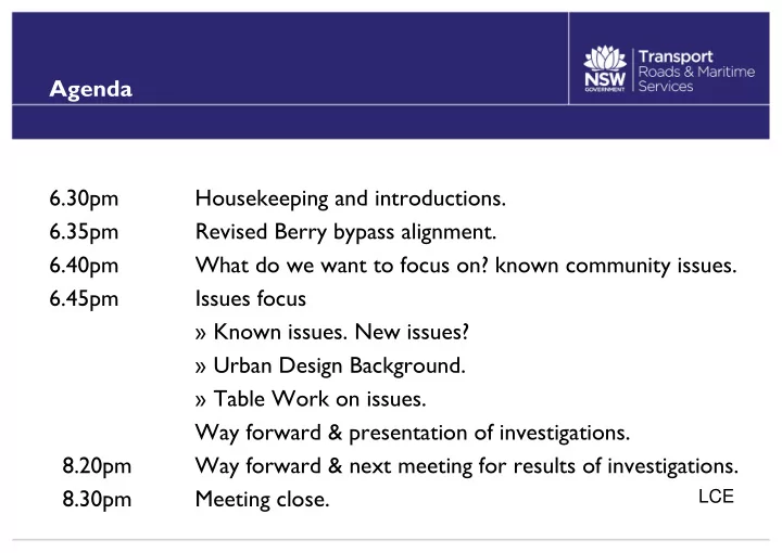 agenda 6 30pm housekeeping and introductions 6 35pm