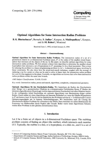 Optimal Algorithms for Some Intersection Radius Problems  B. K. Bhattacharya*, Burnaby, S. Jadhav