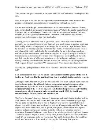 Presentation by Joan Havemann on APP202142  OPC reassessment  17 February 2015  Tena koutou,