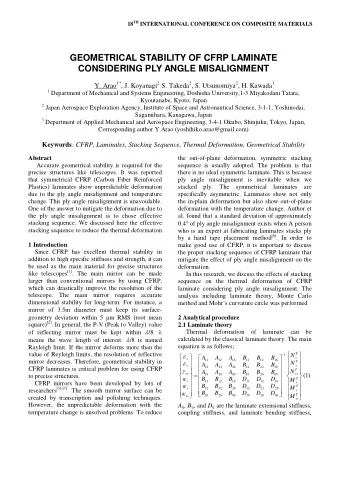GEOMETRICAL STABILITY OF CFRP LAMINATE  CONSIDERING PLY ANGLE MISALIGNMENT Y. Arao 1* , J. Koyanagi