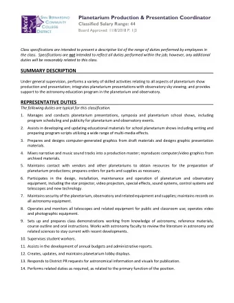 Planetarium Production &amp; Presentation Coordinator  Classified Salary Range: 44 Board Approved:
