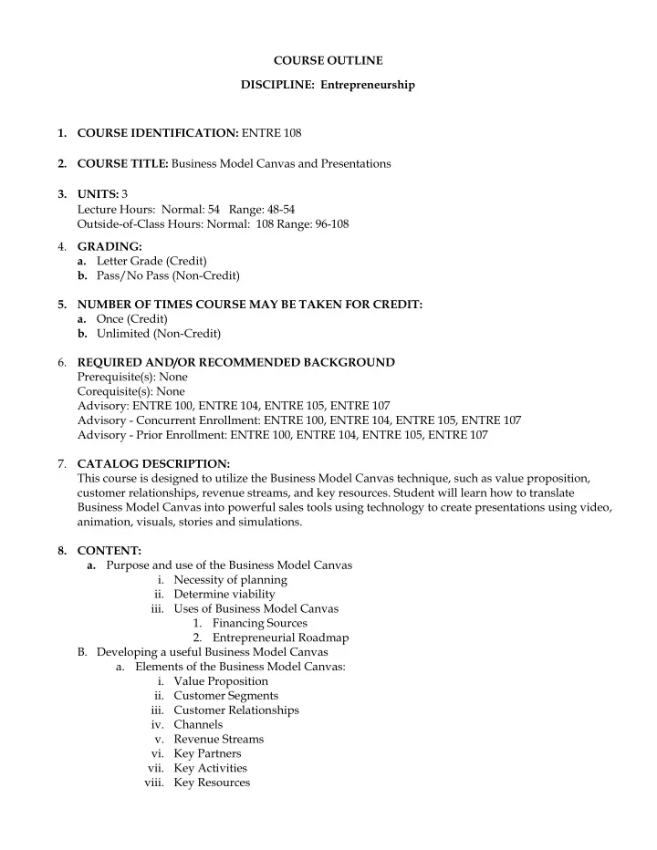course outline discipline entrepreneurship 1 course