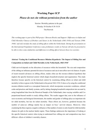 Working Paper ICP Please do not cite without permission from the author Session: Mortality patterns