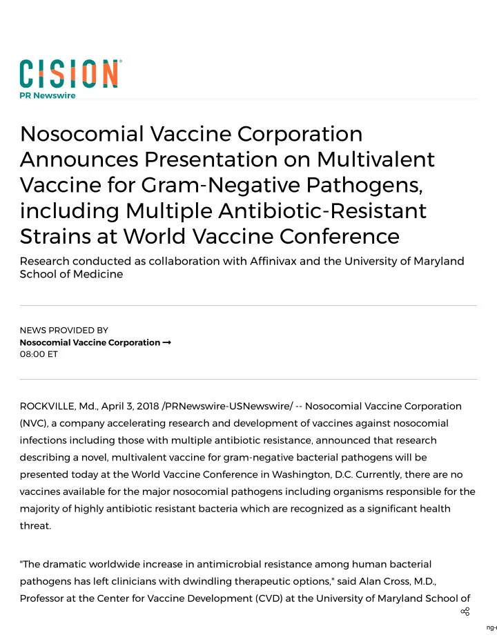 nosocomial vaccine corporation announces presentation on