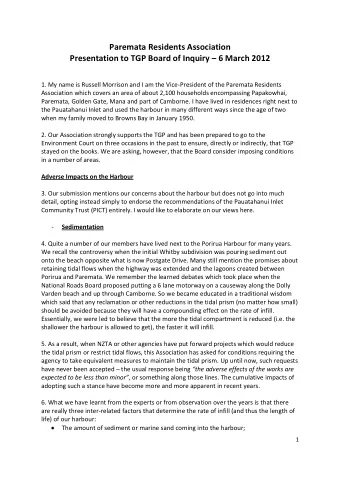Paremata Residents Association Presentation to TGP Board of Inquiry  6 March 2012  1. My name is