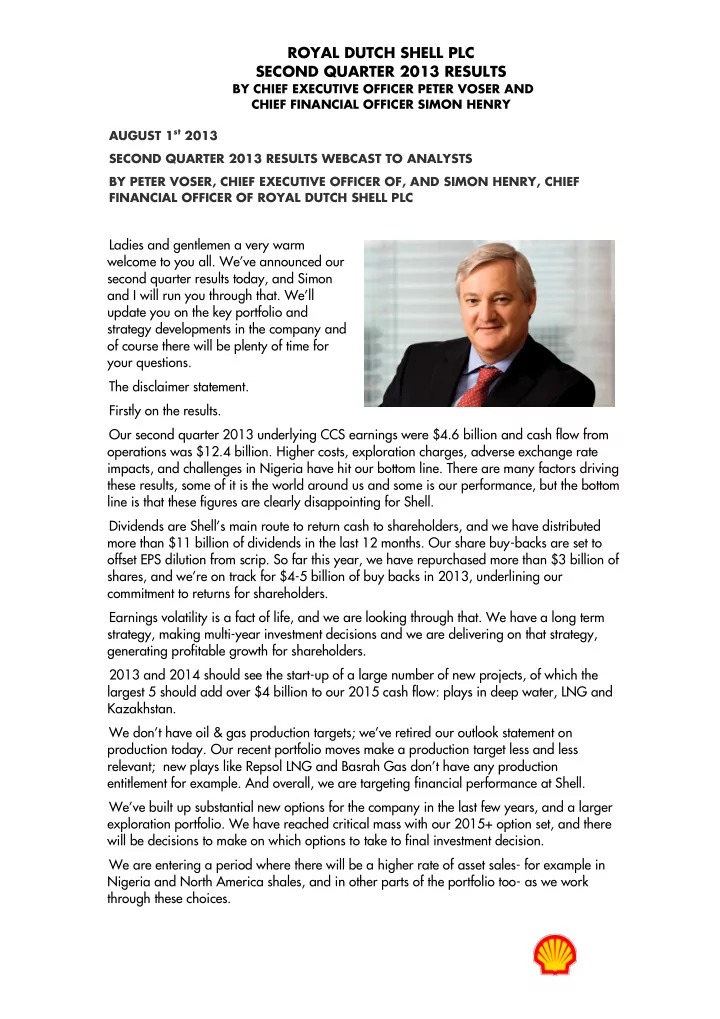 royal dutch shell plc second quarter 2013 results