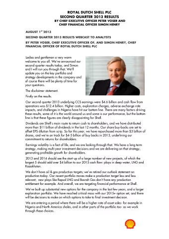ROYAL DUTCH SHELL PLC  SECOND QUARTER 2013 RESULTS  BY CHIEF EXECUTIVE OFFICER PETER VOSER AND