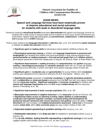 Ontario Association for Families of  Children with Communication Disorders  (OAFCCD)  GOOD NEWS: